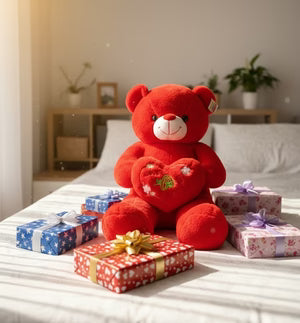 Large Red Love Teddy Bear with Heart Cushion.
