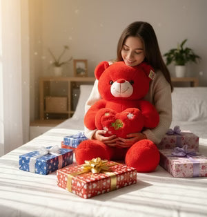 Large Red Love Teddy Bear with Heart Cushion.